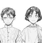  2boys bangs buttons cloak closed_mouth constantine_xi_(fate) expressionless fate/grand_order fate_(series) greyscale hair_between_eyes highres light_smile looking_at_viewer male_focus mehmed_ii_(fate) monochrome multiple_boys parted_bangs qmiqun shirt short_hair simple_background straight-on tunic upper_body vest white_background younger 