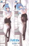  1girl ahoge alternate_costume ass bangs black_pantyhose blue_hair blush breasts closed_mouth dakimakura_(medium) feet from_side full_body ganyu_(genshin_impact) genshin_impact hair_between_eyes highres horns indoors large_breasts long_hair looking_at_viewer lying multiple_views nipples no_shoes on_side on_stomach pantyhose partially_unbuttoned pillow purple_eyes school_uniform shirt smile solo thighlet thighs white_shirt yutian_alice 