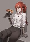  1girl absurdres collared_shirt cyborg eating food food_on_clothes hair_between_eyes highres holding holding_food hot_dog jun_(seojh1029) ketchup long_hair mechanical_arms mustard napkin original ponytail red_hair shirt simple_background sitting sleeves_rolled_up solo stained_clothes weibo_logo weibo_username 