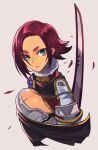  1girl armor blue_eyes blue_pupils boobplate breasts cleavage closed_mouth frown fur_collar medina_orthinanos medium_breasts purple_hair rumie short_hair solo sword_art_online sword_art_online:_alicization thick_eyebrows turtleneck upper_body 