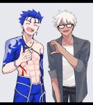  2boys abs alternate_costume archer_(fate) archer_(summer_casual)_(fate) blue_hair bracelet closed_eyes crescent_necklace cu_chulainn_(second_ascension)_(fate) dark-skinned_male dark_skin detached_sleeves earrings fate/grand_order fate_(series) glasses harusima heart_hands_failure highres jacket jewelry looking_at_viewer male_focus multiple_boys muscular muscular_male necklace official_alternate_costume open_clothes open_mouth pants pectorals red_eyes shirt short_hair smile solo tank_top thumbs_up topless_male white_hair yaoi 