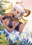  1girl animal_ear_fluff animal_ears arknights armlet bangs bare_arms barefoot blue_swimsuit breasts carnelian_(arknights) carnelian_(shining_dew)_(arknights) cleavage cleavage_cutout clothing_cutout curtains dark-skinned_female dark_skin dutch_angle flower goat_ears goat_girl goat_horns hand_up highres horn_ornament horns jewelry large_breasts leaf legs_up liu_lan looking_at_viewer lying necklace official_alternate_costume on_bed on_stomach one-piece_swimsuit parted_lips plant red_eyes see-through short_hair sidelocks smile solo swimsuit white_flower white_hair 