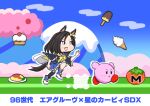  1girl absurdres air_groove_(umamusume) animal_ears aonoji asymmetrical_legwear black_hair blue_skirt bow bowtie commentary_request crossover cupcake ear_bow ear_chain eyes_visible_through_hair food grey_eyes highres horse_ears horse_girl horse_tail ice_cream kirby kirby_(series) kirby_super_star omurice running sailor_collar short_hair single_thighhigh skirt soft_serve tail thighhighs translation_request umamusume uneven_legwear v-shaped_eyebrows wide_sleeves yellow_bow yellow_bowtie yellow_sailor_collar 