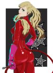 1girl absurdres ass blonde_hair blue_eyes bodysuit catsuit cowboy_shot fake_tail full-length_zipper gloves hair_ornament hairclip hand_on_hip highres long_hair persona persona_5 pink_gloves red_bodysuit simple_background smile solo star_(symbol) tail takamaki_anne twintails twitter_username umenituru whip zipper 