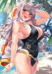  1girl bangs bare_shoulders beach black_swimsuit blue_sky blunt_bangs blush breasts cleavage covered_navel eyewear_on_head gold_ship_(run_revolt_launcher)_(umamusume) gold_ship_(umamusume) grey_hair highleg highleg_swimsuit highres horse_girl kawai_(purplrpouni) large_breasts long_hair looking_at_viewer one-piece_swimsuit open_mouth palm_tree purple_eyes shore sideboob sidelocks sky smile solo sunglasses super_smashing_summer_vacation_(umamusume) swimsuit thighs tongue tongue_out tree umamusume wet 