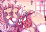  1girl bangs bare_shoulders blurry blurry_background breasts closed_eyes heart heart-shaped_pupils honkai_(series) honkai_impact_3rd indoors japanese_clothes lao_meng large_breasts long_hair looking_at_viewer miko panties pink_eyes pink_hair pink_skirt pussy_juice skirt smile solo string_panties symbol-shaped_pupils thighhighs underwear white_panties white_sleeves white_thighhighs yae_sakura yae_sakura_(gyakushinn_miko) 