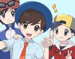  3boys :d :q backwards_hat bangs black_hair black_shirt blue_background blue_headwear blue_jacket brown_eyes brown_hair calem_(pokemon) closed_mouth collared_shirt commentary_request double_v ethan_(pokemon) grey_eyes hand_on_another&#039;s_shoulder hands_up hat highres jacket long_sleeves male_focus male_protagonist_(pokemon_sv) multiple_boys necktie open_mouth orange_necktie pokemon pokemon_(game) pokemon_hgss pokemon_sv pokemon_xy red_jacket sana_(37pisana) shirt short_hair short_sleeves smile sparkle tongue tongue_out turtleneck turtleneck_jacket v zipper_pull_tab 