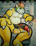  2022 absurd_res anthro balls big_balls big_penis blush bodily_fluids bottomwear bowser breath clothed clothing clothing_lift dripping dry_bones duo embarrassed english_text genital_fluids genitals gesture hi_res kim_trello koopa loincloth loincloth_lift male mario_bros musclegut muscular muscular_male nintendo nipples nubbed_penis onomatopoeia panting penis pointing precum scalie slightly_chubby solo sound_effects sweat text traditional_media_(artwork) video_games 
