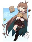  1girl ahoge ankle_boots asymmetrical_legwear bangs belt berry bird boomei_(nanashi_mumei) boots brown_capelet brown_cloak brown_corset brown_hair buffering candy cape capelet cloak closed_eyes corset dagger english_text feather_hair_ornament feathers food friend_(nanashi_mumei) gavel gloves gyaheung hair_ornament hairclip happy_birthday highres hololive hololive_english hootsie_(nanashi_mumei) hug knee_strap kneehighs knife lollipop long_hair multicolored_hair nanashi_mumei owl pleated_skirt ponytail pouch red_skirt ribbon shirt single_kneehigh single_sock single_thighhigh skirt socks streaked_hair thigh_strap thighhighs very_long_hair virtual_youtuber weapon white_shirt 