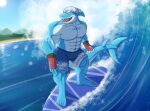  abs absurd_res anthro bandanna beach biceps blue_body blue_scales clothed clothing countershading day detailed_background digitigrade fingerless_gloves fish gloves handwear hi_res isaribi kerchief kurenai_(artist) lens_flare lifewonders live-a-hero male marine muscular muscular_anthro muscular_male open_mouth pecs scales scar seaside shark sharp_teeth solo standing sun surfboard surfing swimming_trunks swimwear teeth topless video_games water white_body white_countershading white_scales yellow_sclera 