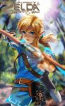  bangs belt blonde_hair blue_eyes blue_shirt blurry blurry_background blurry_foreground bokeh book bow_(weapon) brown_gloves buckler closed_mouth commentary_request copyright_name depth_of_field elf fighting_stance fingerless_gloves forest gloves hair_between_eyes hands_up highres holding holding_bow_(weapon) holding_weapon kuiyanxu leaf link long_hair looking_at_viewer male_focus nature nostrils outdoors outstretched_arm pointy_ears ponytail ready_to_draw serious shield shiny shiny_hair shirt solo sunlight sword the_legend_of_zelda the_legend_of_zelda:_breath_of_the_wild tunic v-shaped_eyebrows weapon weapon_on_back 