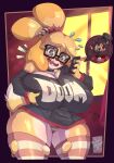  absurd_res animal_crossing anthro big_breasts blonde_hair breasts canid canine canis cellphone clothing domestic_dog eyewear glasses hair hi_res holding_breast holding_cellphone holding_object holding_phone huge_breasts isabelle_(animal_crossing) mammal mr._deathcat nintendo panties phone shih_tzu thick_thighs toy_dog underwear video_games 