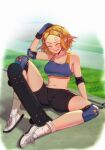  big_breasts blonde_hair blush breasts clothed clothing female gloves hair handwear hi_res humanoid humanoid_pointy_ears hylian kagato007 midriff navel nintendo not_furry princess_zelda shirt short_hair skateboard solo tank_top the_legend_of_zelda topwear video_games 