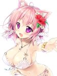  1girl ahoge animal_ear_fluff animal_ears bashira_(sennen_sensou_aigis) bikini bracelet breasts cat_ears cat_girl cleavage commentary_request fang flower hair_flower hair_ornament highres jewelry large_breasts looking_at_viewer medium_hair mikeou navel open_mouth pink_hair purple_eyes sennen_sensou_aigis smile solo swimsuit white_bikini 