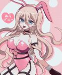  1girl alternate_costume animal_ears artist_name bangs barbed_wire bare_shoulders black_choker black_gloves breasts choker cleavage commentary_request danganronpa_(series) danganronpa_v3:_killing_harmony fake_animal_ears gloves green_eyes heart iruma_miu large_breasts leotard long_hair mikao_(eanv5385) o-ring pink_background pink_leotard polka_dot polka_dot_background shiny shiny_clothes solo tongue tongue_out translation_request watermark white_background 