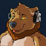  2022 anthro bearphones blep blue_background brown_bear brown_body brown_fur bust_portrait front_view fur grizzly_bear headphones male mammal neck_tuft orange_eyes portrait simple_background smile solo tibs tongue tongue_out tuft ursid ursine 