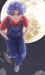  1boy bangs boku_no_chikyuu_o_mamotte closed_mouth cloud etomina floating full_body full_moon hands_in_pockets highres kobayashi_rin looking_at_viewer moon night night_sky overalls parted_bangs purple_eyes purple_hair red_shirt shirt shoes sky solo white_footwear 