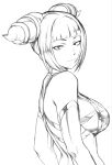  1girl back bangs breasts capcom detached_sleeves drill_hair greyscale halter_top halterneck han_juri large_breasts looking_at_viewer monochrome oetaro sideboob smile solo street_fighter street_fighter_iv_(series) twin_drills 