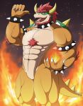  abs absurd_res anthro beard biceps bowser bracelet chest_tuft claws collar countershading detailed_background elbow_tuft elemental_manipulation facial_hair featureless_crotch fire fire_manipulation gesture green_body green_scales hair hi_res horn jewelry koopa kurenai_(artist) male mario_bros muscular muscular_anthro muscular_male muscular_thighs nintendo nude open_mouth orange_body orange_scales pecs pointing pointing_at_self red_eyes red_hair scales scalie sharp_teeth shell solo spiked_bracelet spiked_collar spiked_shell spikes spikes_(anatomy) tan_body tan_countershading tan_scales teeth tuft video_games yellow_horn yellow_spikes 