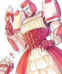  blue_eyes bow dress frilled_dress frills hand_on_hip heart highres holding holding_wrench lolita_fashion mecha oceanapril ratchet_(transformers) red_bow red_dress robot simple_background the_transformers_(idw) transformers two-tone_dress white_background white_dress wrench 