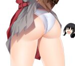  2girls ass bag bangs belt black_hair clothes_lift dress grey_dress inoue_takina kippuru long_hair lower_body lycoris_recoil multiple_girls nishikigi_chisato open_mouth panties red_dress skirt skirt_lift smile thighs underwear white_background white_panties 