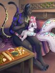 absurd_res aftercare anthro bedroom cloudy_leopard collar demon detailed_background domestic_cat duo feeding felid feline felis female food harmaagriffin hi_res hybrid male male/female mammal rope rope_marks size_difference slightly_chubby 
