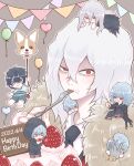  6+boys animal_balloon balloon black_hair black_necktie black_pants blue_hair boku_no_hero_academia brown_background cake chibi child clone closed_mouth collared_shirt commentary_request disembodied_limb eating food food_on_face fork fruit fur_trim grey_eyes grey_hair hair_between_eyes happy_birthday heart_balloon highres holding holding_balloon holding_food holding_fork hood hood_up hooded_jacket inukai_(inuuowoukai) jacket long_hair long_sleeves looking_at_viewer lying male_child male_focus miniboy mole mole_under_mouth multiple_boys multiple_persona necktie on_stomach outline pants pennant red_eyes scar scar_across_eye scar_on_face shigaraki_tomura shirt short_hair shorts simple_background sitting sitting_on_shoulder smile standing strawberry string_of_flags white_outline white_shirt 