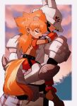  anthro armor bandai_namco carrying digimon digimon_(species) digimon_frontier duo flamemon hair hi_res humanoid lobomon long_hair male piggyback red_hair scarf sleeping takedaconomi2 