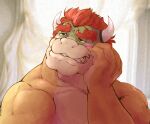  2022 anthro blush bowser bowser_day daydream digital_media_(artwork) dragon happy hi_res horn koopa male mario_bros muscular muscular_male nintendo scalie shirtless simple_background smile solo spazmaverick video_games 