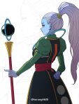  1girl absurdres arm_behind_back blue_skin colored_skin dragon_ball dragon_ball_super dress from_behind highres holding holding_staff horang4628 long_hair long_sleeves looking_back ponytail puffy_sleeves purple_eyes red_sash sash solo staff twitter_username vados_(dragon_ball) white_hair 
