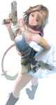  1girl bangs bare_shoulders blue_eyes boots breasts brown_hair closed_mouth commentary_request dual_wielding final_fantasy final_fantasy_x final_fantasy_x-2 from_above gauss_&lt;bokashi green_eyes gun hair_ornament hand_on_hip handgun heterochromia highres holding holding_weapon knee_boots lips long_hair looking_at_viewer low-tied_long_hair low_ponytail medium_breasts shiny shiny_hair shorts simple_background sleeveless smile thighs trigger_discipline weapon white_background yuna_(ff10) 