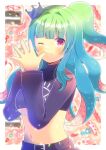  1girl ;3 belt belt_buckle black_belt black_shirt blue_hair blurry blurry_background blush breasts buckle cali_calypso closed_mouth commentary_request commission crop_top crown depth_of_field gradient_hair green_hair hands_up indie_virtual_youtuber kou_hiyoyo long_sleeves mini_crown multicolored_hair navel one_eye_closed red_eyes shirt skeb_commission solo steepled_fingers tentacle_hair tilted_headwear underboob 