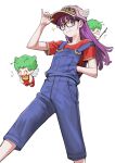  1girl 1other ^_^ antennae baseball_cap bib_overalls black-framed_eyewear closed_eyes commentary dr._slump glasses green_hair hand_on_headwear hat highres jun_(seojh1029) long_hair looking_at_viewer norimaki_arale norimaki_gajira overalls purple_eyes red_shirt shirt smile solo sparkle stick walking white_background winged_hat 