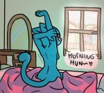  anthro bed bedding bedroom blanket blue_body blue_fur blush breasts cartoon_network dialogue domestic_cat eledensfw felid feline felis female fur furniture just_woke_up looking_at_viewer mammal morning nicole_watterson nude open_window rear_view smile solo stretching the_amazing_world_of_gumball waking_up window 