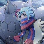  ayo black_eyes blue_eyebrows blue_hair blue_scarf breath clothed clothing duo eyebrows grey_body grusha_(pokemon) hair human mammal multicolored_scarf nintendo pok&eacute;mon pupils red_scarf scarf signature video_games white_pupils 