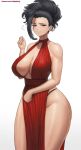  1girl artist_name bangs bare_arms bare_shoulders black_hair blush boku_no_hero_academia breasts cleavage collarbone commentary dress earrings gradient gradient_background grey_eyes hand_up highleg highleg_panties highres jewelry large_breasts lips long_hair looking_at_viewer panties pelvic_curtain red_dress shiny shiny_skin simple_background sleeveless smile solo superbusty thighs underwear white_background yaoyorozu_momo 