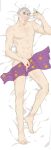  1boy abs bare_arms bare_legs bare_shoulders barefoot bed bed_sheet censored claude_frollo disney feet highres jewelry looking_at_viewer non-web_source nude ring short_hair silk the_hunchback_of_notre_dame toes white_background white_hair 