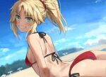  1girl ass bangs bare_shoulders beach bikini blonde_hair blue_sky blush braid breasts fate/grand_order fate_(series) french_braid green_eyes grin hair_ornament hair_scrunchie highres long_hair looking_at_viewer mordred_(fate) mordred_(swimsuit_rider)_(fate) mordred_(swimsuit_rider)_(first_ascension)_(fate) parted_bangs ponytail red_bikini red_scrunchie scrunchie sidelocks sky small_breasts smile solo swimsuit tonee 