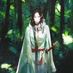  1girl breasts brown_eyes brown_hair cleavage_cutout clothing_cutout commentary_request expressionless forest highres jun_(seojh1029) lips long_hair looking_at_viewer nature original robe solo sword tree weapon 