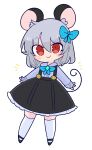  1girl animal_ears bangs black_skirt blue_bow blue_bowtie bow bowtie buttons crystal grey_hair grey_shirt hair_bow highres kneehighs long_sleeves mouse_ears mouse_girl mouse_tail nazrin op_na_yarou red_eyes shirt shoes short_hair simple_background skirt smile socks solo suspender_skirt suspenders tail touhou white_background white_socks 