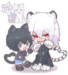  2boys animal animal_ears animal_hands black_hair black_jacket black_shirt blue_shorts boku_no_hero_academia cat cat_boy cat_day cat_ears cat_tail chibi child commentary_request dated dual_persona fangs full_body gloves grey_eyes grey_hair hair_between_eyes hands_up highres inukai_(inuuowoukai) jacket kemonomimi_mode long_hair looking_at_viewer male_child male_focus mole mole_under_mouth multiple_boys open_mouth paw_gloves paw_pose paw_shoes red_eyes scar scar_across_eye scar_on_face shigaraki_tomura shirt short_hair short_sleeves shorts simple_background standing tail tiger tiger_boy tiger_ears tiger_tail time_paradox white_background white_tiger younger 