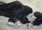  1boy absurdres artist_name black_hair black_robe blurry child chinese_clothes crying crying_with_eyes_open depth_of_field eyelashes feet_out_of_frame flower hataserukana highres juuni_kokuki looking_away lying male_child male_focus on_side pink_flower pink_nails red_flower robe sad short_hair solo taiki_(juuni_kokuki) tears twitter_username 