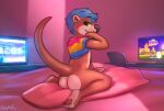  activision anthro belly blue_hair bodily_fluids brown_body brown_fur butt chair computer desk fur furniture green_eyes hair hi_res japanese_text keyboard lgbt_pride light_reflection looking_at_viewer looking_back lutrine male mammal mustelid office_chair pawpads paws pillow pink_blanket pink_pillow pride_colors raised_tail river_otter skymafia solo spyro_the_dragon spyro_year_of_the_dragon sweat table tan_belly tan_butt tan_feet television text video_games 