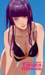 1girl 2022 :q absurdres bangs bikini blue_background blunt_bangs breasts character_name cleavage collarbone hgre47 highres idolmaster idolmaster_shiny_colors leaning_forward looking_at_viewer medium_breasts parted_lips purple_bikini purple_eyes purple_hair simple_background smile solo straight_hair swimsuit tanaka_mamimi thigh_gap tongue tongue_out 