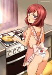 1girl :o absurdres angel_gabriel. apron ass back blush breasts cooking curtains from_behind highres holding_utensil indoors kitchen looking_at_viewer looking_back love_live! love_live!_school_idol_project medium_breasts medium_hair nearly_naked_apron nishikino_maki omelet panties purple_eyes red_hair solo stove thighs tomato twitter_username underwear v-shaped_eyebrows white_panties 