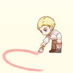  1boy belt black_footwear blonde_hair blue_eyes brown_hair bucket chibi collared_shirt erwin_smith full_body ggggg heart holding holding_bucket leaning_forward long_sleeves looking_away looking_down male_focus paint_can paintbrush painting_(action) shingeki_no_kyojin shirt shoes short_hair sideburns simple_background solo trim_brush white_shirt yellow_background 