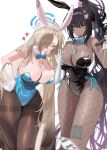  2girls absurdres anger_vein animal_ears asuna_(blue_archive) asuna_(bunny)_(blue_archive) bangs between_breasts black_hair black_pantyhose blonde_hair blue_archive blue_eyes bow bowtie breasts card cleavage cup dark-skinned_female dark_skin detached_collar dollar_bill drinking_glass fake_animal_ears fishnet_pantyhose fishnets gloves grin hair_over_one_eye halo hand_on_hip heart highres karin_(blue_archive) karin_(bunny)_(blue_archive) long_hair looking_at_viewer multiple_girls pantyhose playboy_bunny playing_card ponytail rabbit_ears rima_rima_ri simple_background smile thighband_pantyhose white_background white_gloves wine_glass yellow_eyes 