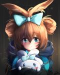  1girl amiya_(arknights) animal_ear_fluff animal_ears arknights bangs black_jacket blue_bow blue_eyes borrowed_hairstyle bow brown_hair cinnamiku cinnamoroll closed_mouth commentary facial_mark hair_between_eyes hair_bow heart highres hood hood_down hooded_jacket hug jacket rabbit_ears sanrio smile teakai upper_body 