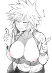  1girl :q bakugou_mitsuki blush boku_no_hero_academia breasts closed_mouth collarbone commentary_request hair_between_eyes highres large_breasts looking_at_viewer mature_female monochrome nipples shirt simple_background smile solo takatsuki_ichi tongue tongue_out white_background 