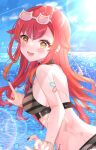  1girl breasts bubble commentary fang fingernails glasses highres lens_flare long_hair looking_at_viewer medium_breasts nekota_tsuna red_hair shain sky solo swimsuit symbol-only_commentary virtual_youtuber vspo! wet yellow_eyes 